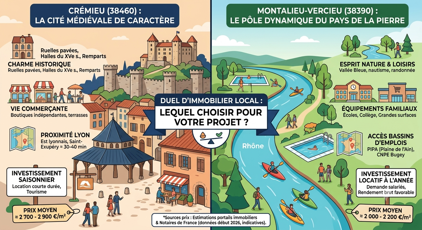 Crémieu vs Montalieu-Vercieu — Où investir ou s'installer dans le Nord-Isère ?